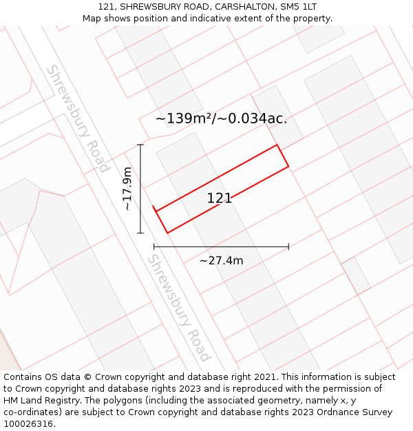 121, SHREWSBURY ROAD, CARSHALTON, SM5 1LT: Plot and title map