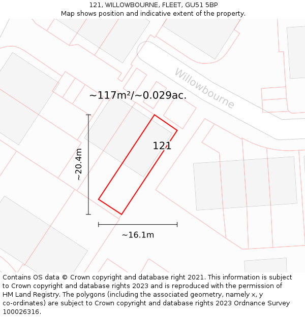 121, WILLOWBOURNE, FLEET, GU51 5BP: Plot and title map