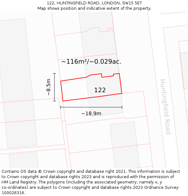 122, HUNTINGFIELD ROAD, LONDON, SW15 5ET: Plot and title map