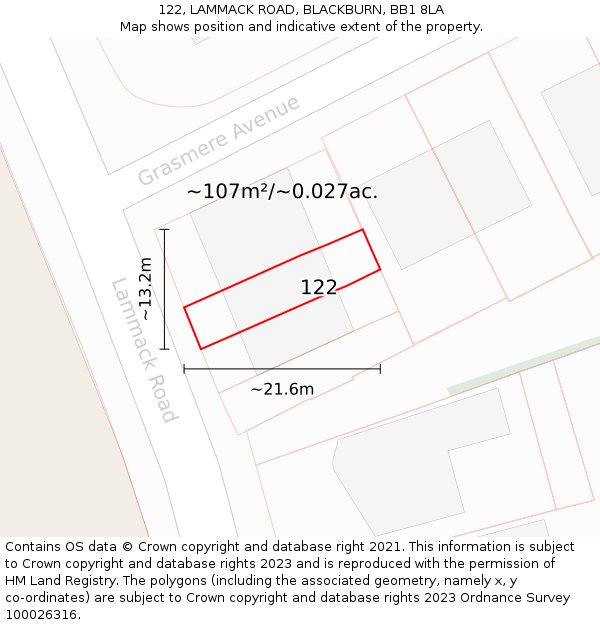 122, LAMMACK ROAD, BLACKBURN, BB1 8LA: Plot and title map