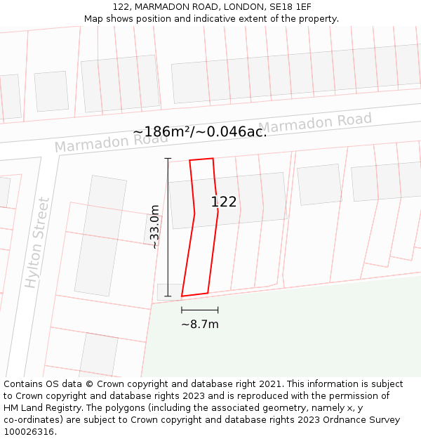 122, MARMADON ROAD, LONDON, SE18 1EF: Plot and title map