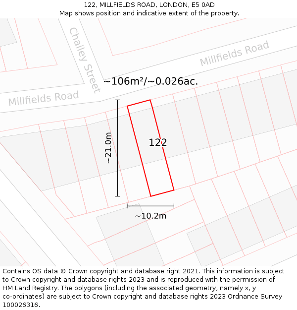 122, MILLFIELDS ROAD, LONDON, E5 0AD: Plot and title map