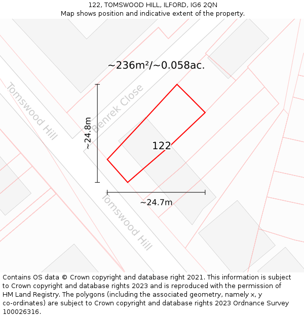 122, TOMSWOOD HILL, ILFORD, IG6 2QN: Plot and title map