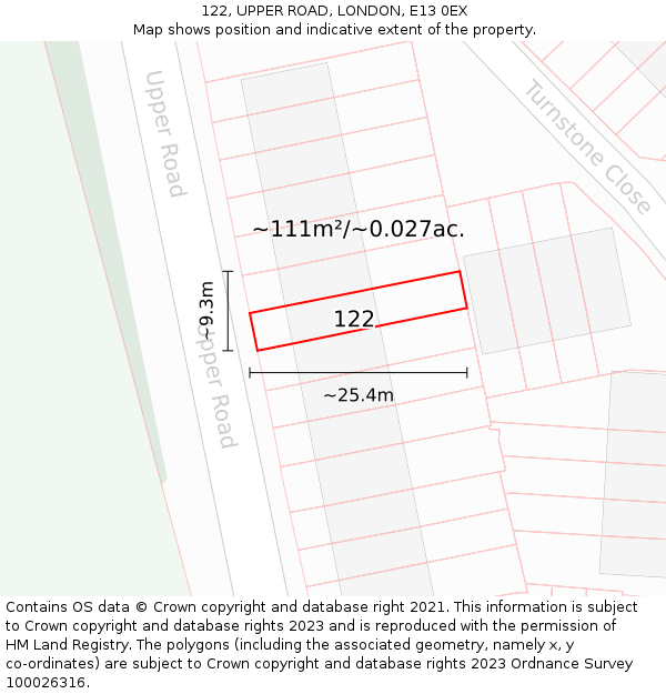 122, UPPER ROAD, LONDON, E13 0EX: Plot and title map
