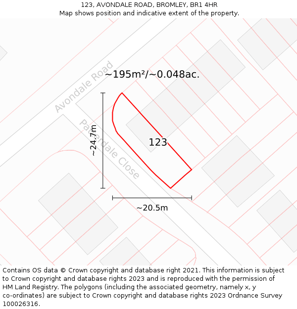 123, AVONDALE ROAD, BROMLEY, BR1 4HR: Plot and title map