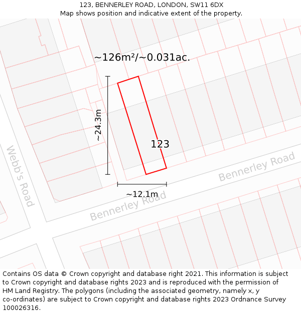 123, BENNERLEY ROAD, LONDON, SW11 6DX: Plot and title map