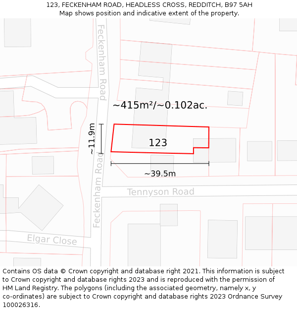 123, FECKENHAM ROAD, HEADLESS CROSS, REDDITCH, B97 5AH: Plot and title map