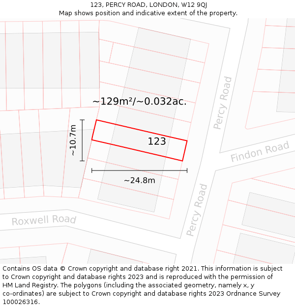 123, PERCY ROAD, LONDON, W12 9QJ: Plot and title map