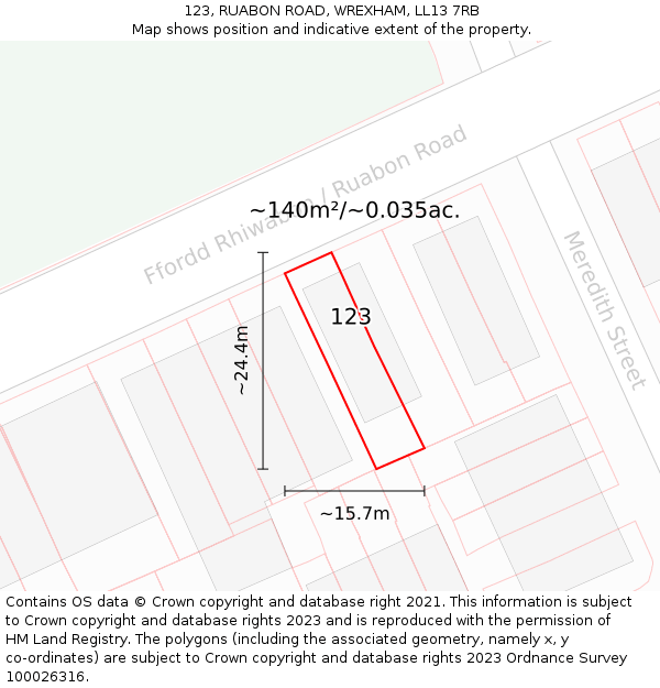 123, RUABON ROAD, WREXHAM, LL13 7RB: Plot and title map