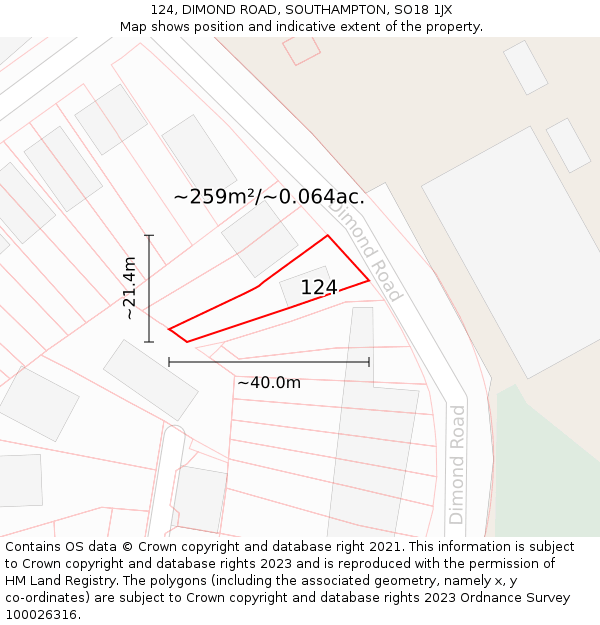 124, DIMOND ROAD, SOUTHAMPTON, SO18 1JX: Plot and title map