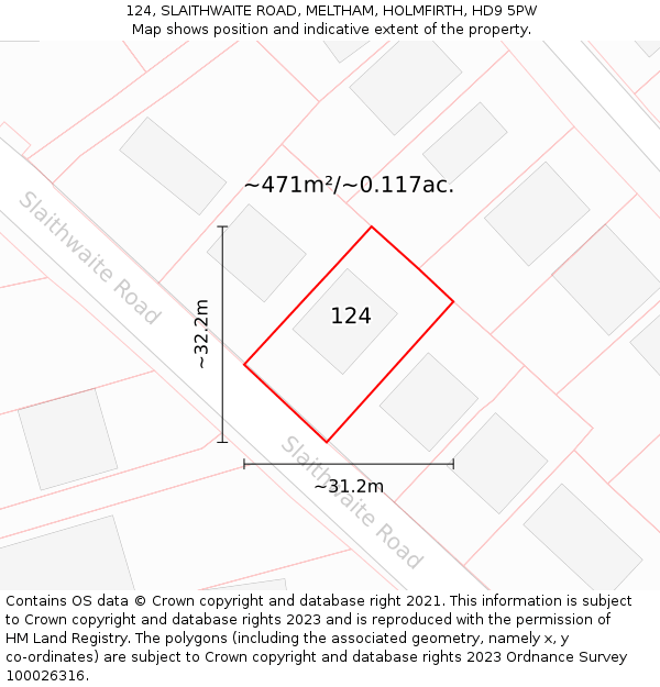 124, SLAITHWAITE ROAD, MELTHAM, HOLMFIRTH, HD9 5PW: Plot and title map