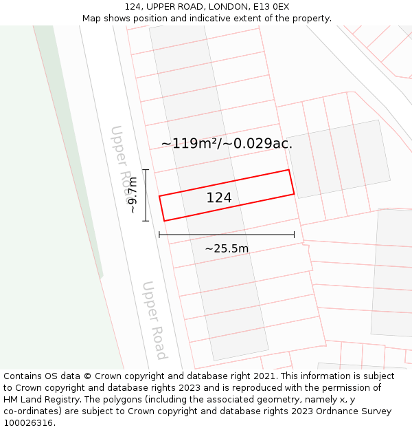 124, UPPER ROAD, LONDON, E13 0EX: Plot and title map