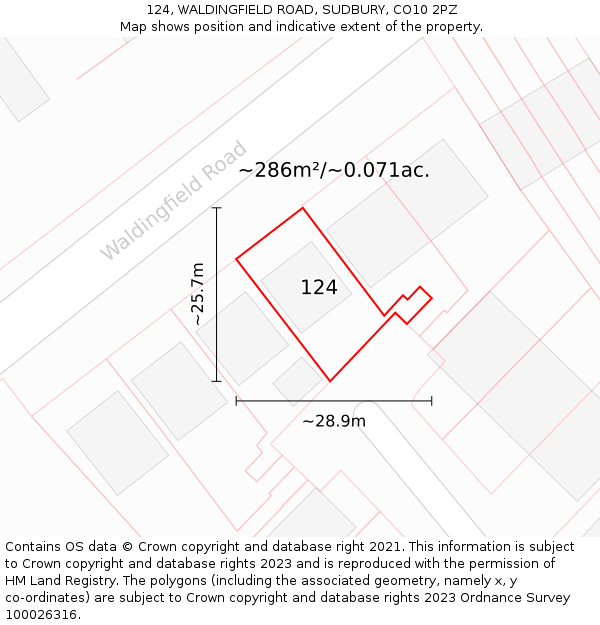 124, WALDINGFIELD ROAD, SUDBURY, CO10 2PZ: Plot and title map