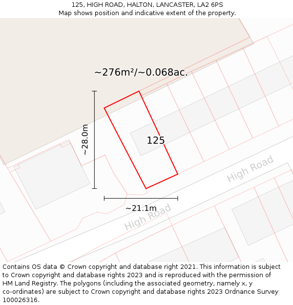 125, HIGH ROAD, HALTON, LANCASTER, LA2 6PS: Plot and title map