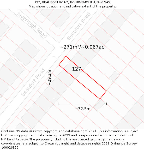127, BEAUFORT ROAD, BOURNEMOUTH, BH6 5AX: Plot and title map