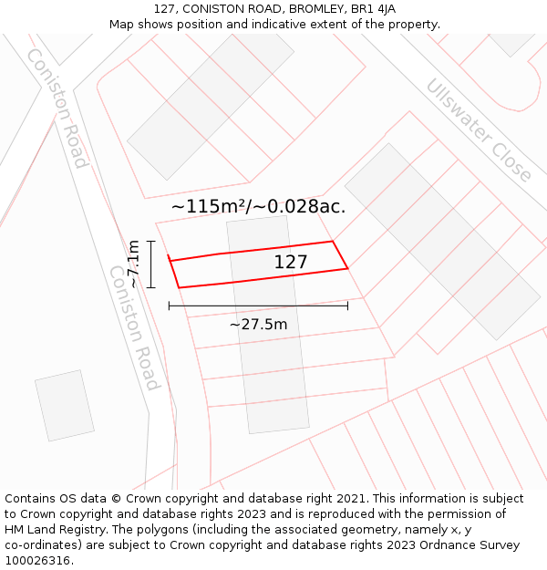 127, CONISTON ROAD, BROMLEY, BR1 4JA: Plot and title map