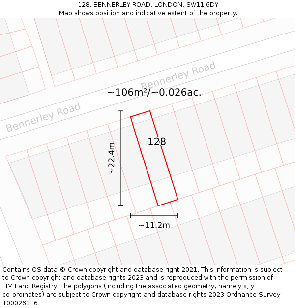 128, BENNERLEY ROAD, LONDON, SW11 6DY: Plot and title map