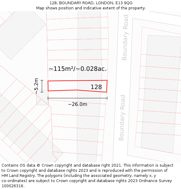 128, BOUNDARY ROAD, LONDON, E13 9QG: Plot and title map