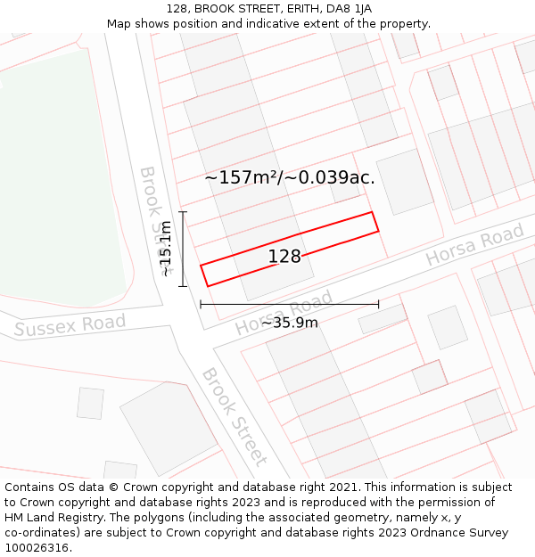 128, BROOK STREET, ERITH, DA8 1JA: Plot and title map