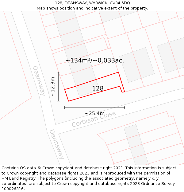 128, DEANSWAY, WARWICK, CV34 5DQ: Plot and title map