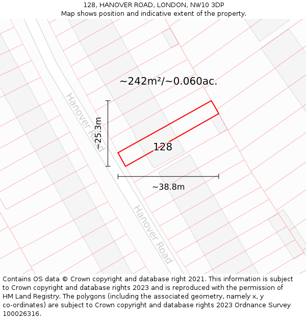 128, HANOVER ROAD, LONDON, NW10 3DP: Plot and title map