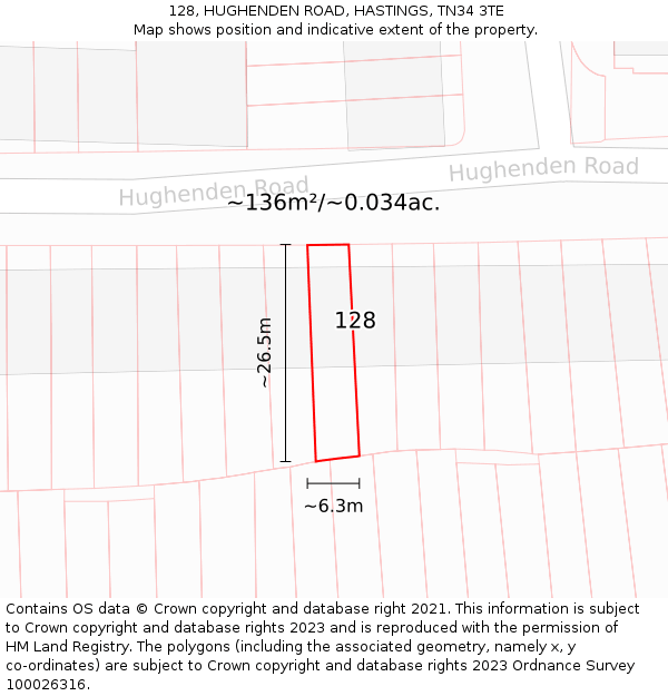 128, HUGHENDEN ROAD, HASTINGS, TN34 3TE: Plot and title map