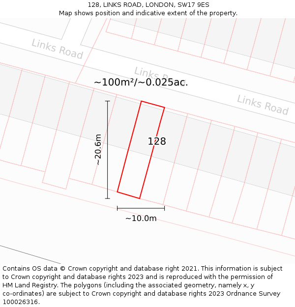 128, LINKS ROAD, LONDON, SW17 9ES: Plot and title map