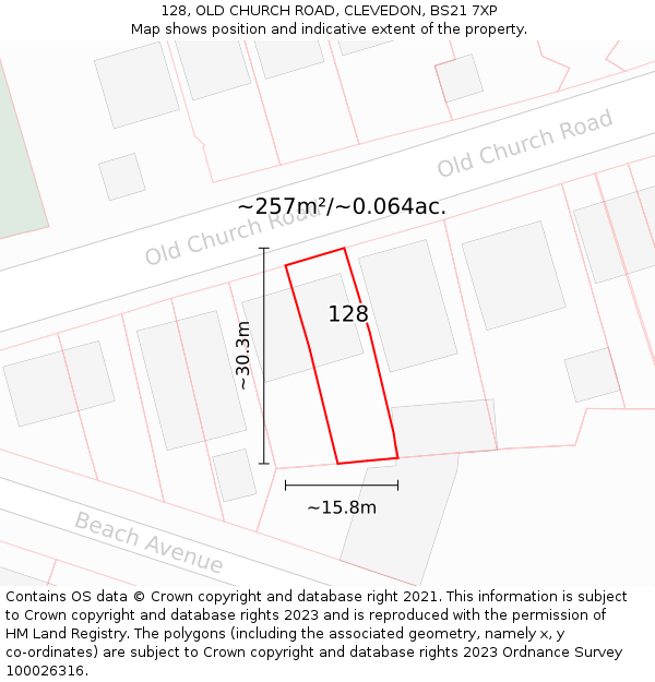 128, OLD CHURCH ROAD, CLEVEDON, BS21 7XP: Plot and title map