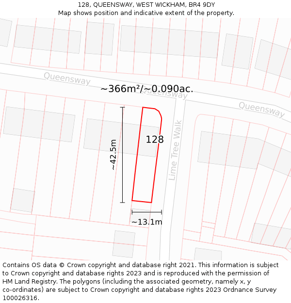 128, QUEENSWAY, WEST WICKHAM, BR4 9DY: Plot and title map