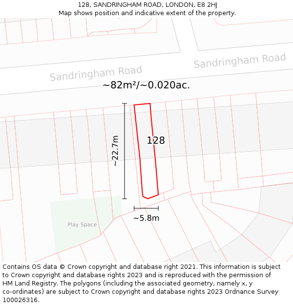 128, SANDRINGHAM ROAD, LONDON, E8 2HJ: Plot and title map
