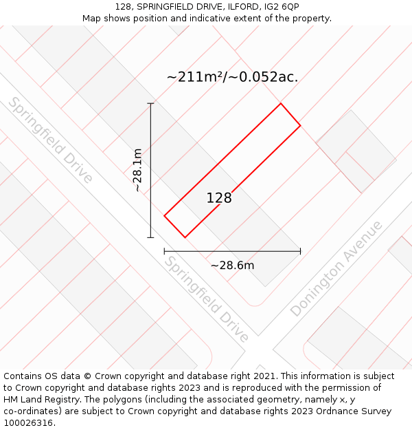128, SPRINGFIELD DRIVE, ILFORD, IG2 6QP: Plot and title map