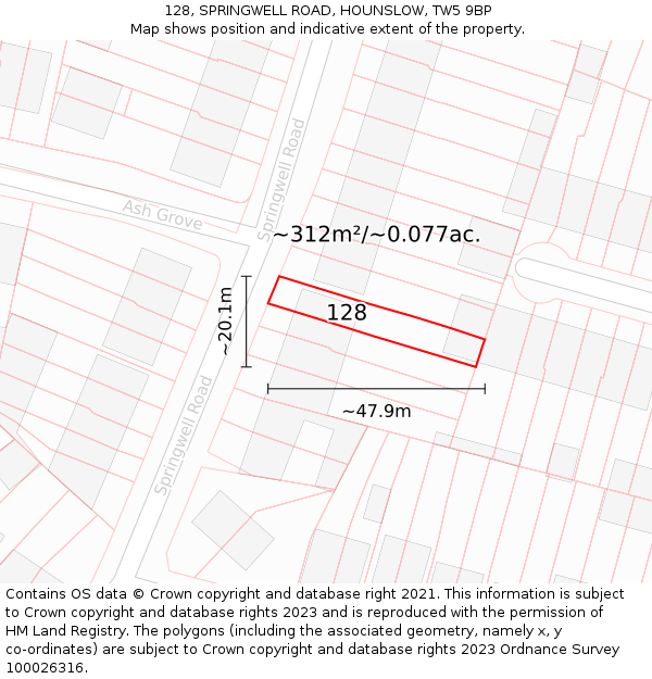 128, SPRINGWELL ROAD, HOUNSLOW, TW5 9BP: Plot and title map