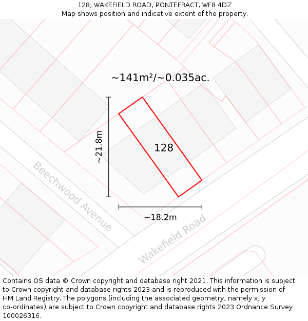 128, WAKEFIELD ROAD, PONTEFRACT, WF8 4DZ: Plot and title map