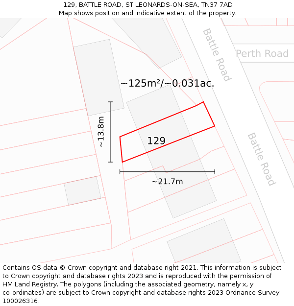 129, BATTLE ROAD, ST LEONARDS-ON-SEA, TN37 7AD: Plot and title map