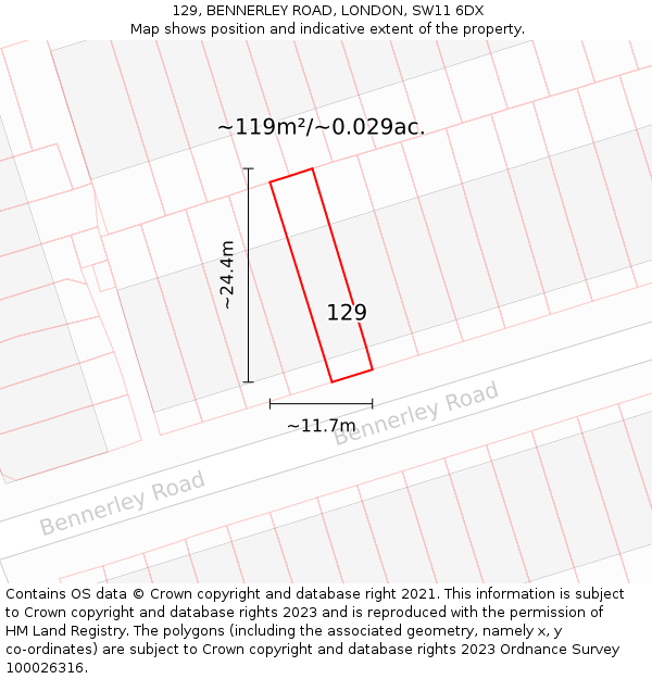 129, BENNERLEY ROAD, LONDON, SW11 6DX: Plot and title map