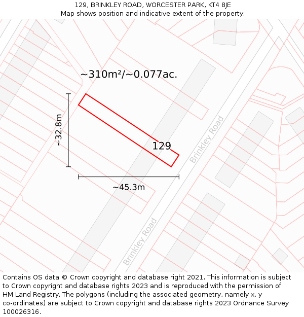 129, BRINKLEY ROAD, WORCESTER PARK, KT4 8JE: Plot and title map