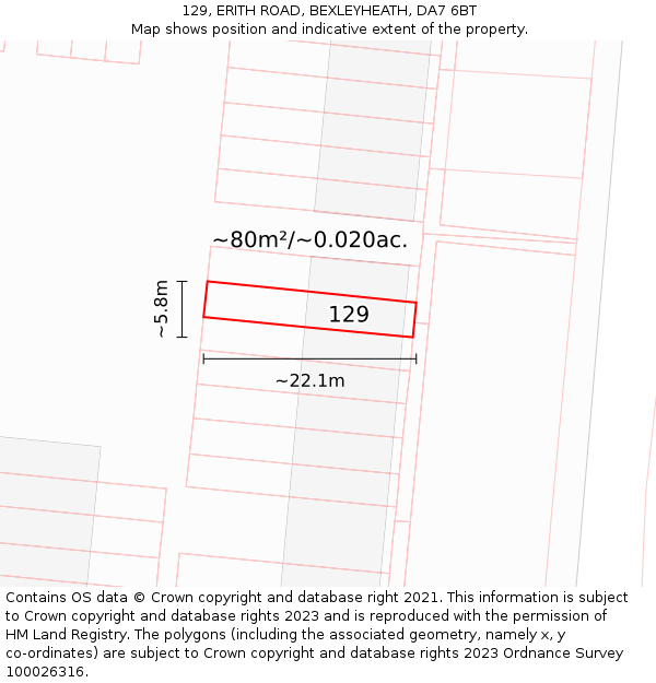 129, ERITH ROAD, BEXLEYHEATH, DA7 6BT: Plot and title map
