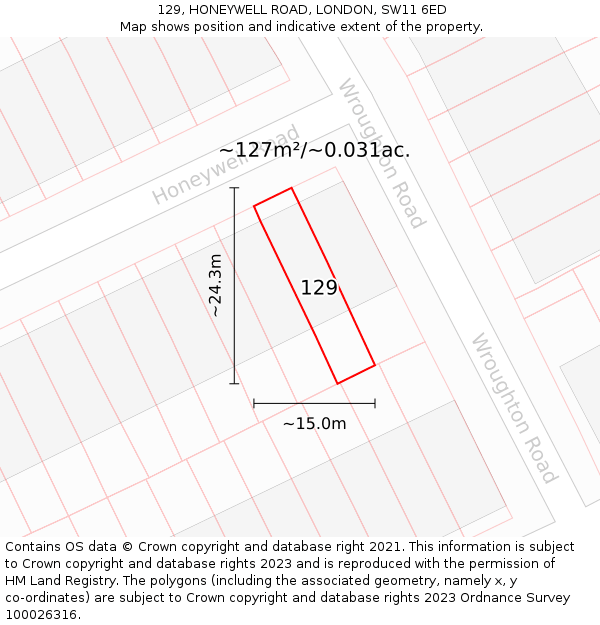 129, HONEYWELL ROAD, LONDON, SW11 6ED: Plot and title map