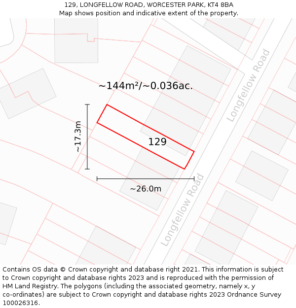 129, LONGFELLOW ROAD, WORCESTER PARK, KT4 8BA: Plot and title map