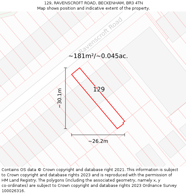 129, RAVENSCROFT ROAD, BECKENHAM, BR3 4TN: Plot and title map