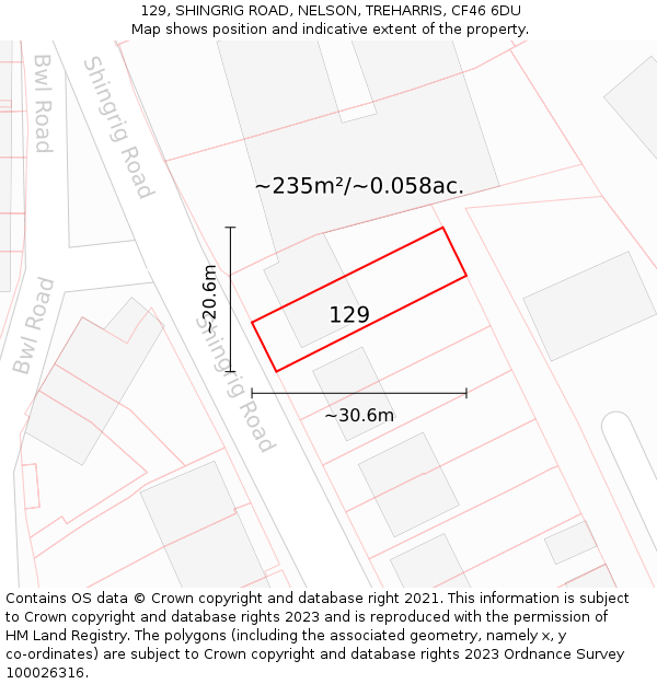 129, SHINGRIG ROAD, NELSON, TREHARRIS, CF46 6DU: Plot and title map