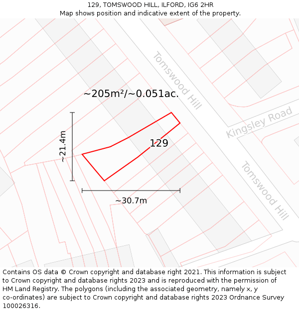 129, TOMSWOOD HILL, ILFORD, IG6 2HR: Plot and title map