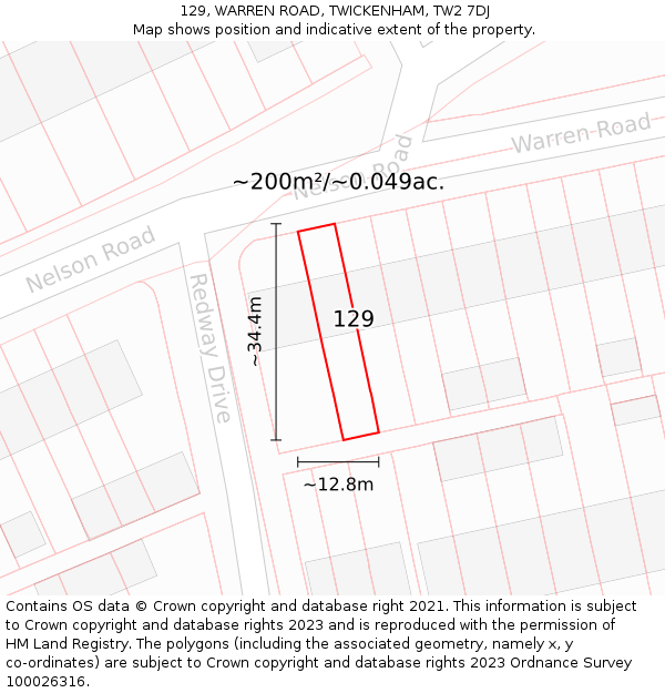 129, WARREN ROAD, TWICKENHAM, TW2 7DJ: Plot and title map