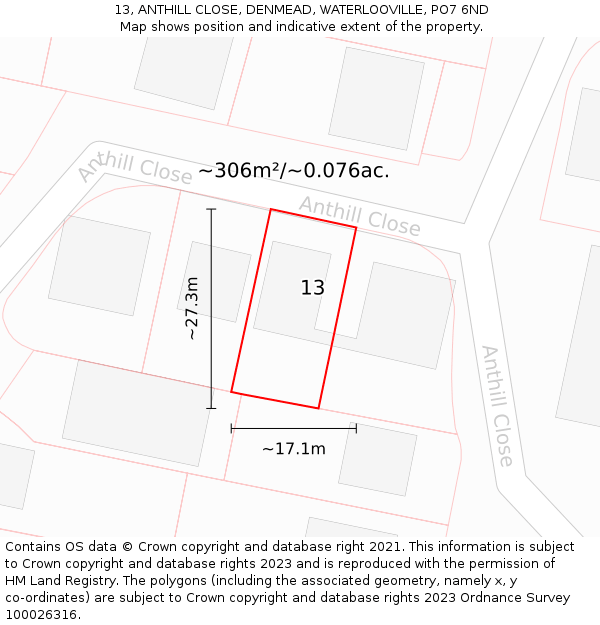13, ANTHILL CLOSE, DENMEAD, WATERLOOVILLE, PO7 6ND: Plot and title map