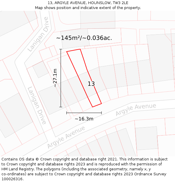 13, ARGYLE AVENUE, HOUNSLOW, TW3 2LE: Plot and title map