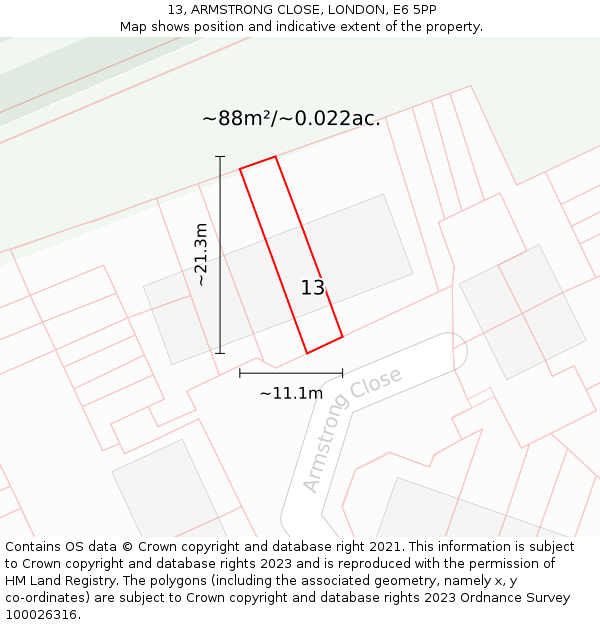 13, ARMSTRONG CLOSE, LONDON, E6 5PP: Plot and title map