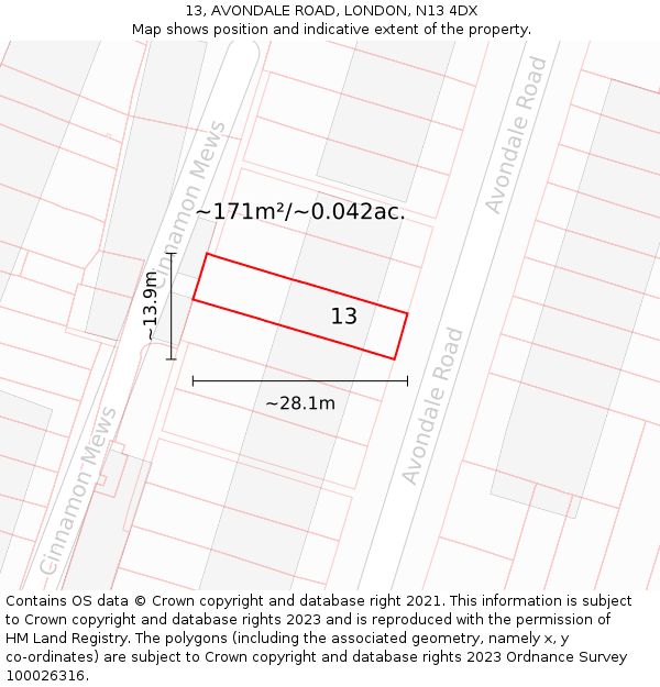 13, AVONDALE ROAD, LONDON, N13 4DX: Plot and title map