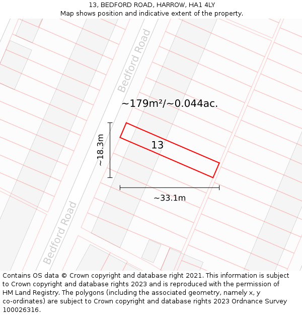 13, BEDFORD ROAD, HARROW, HA1 4LY: Plot and title map