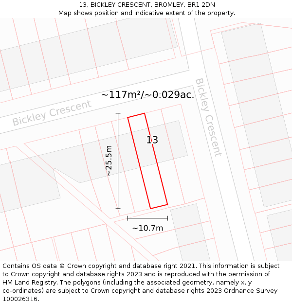 13, BICKLEY CRESCENT, BROMLEY, BR1 2DN: Plot and title map