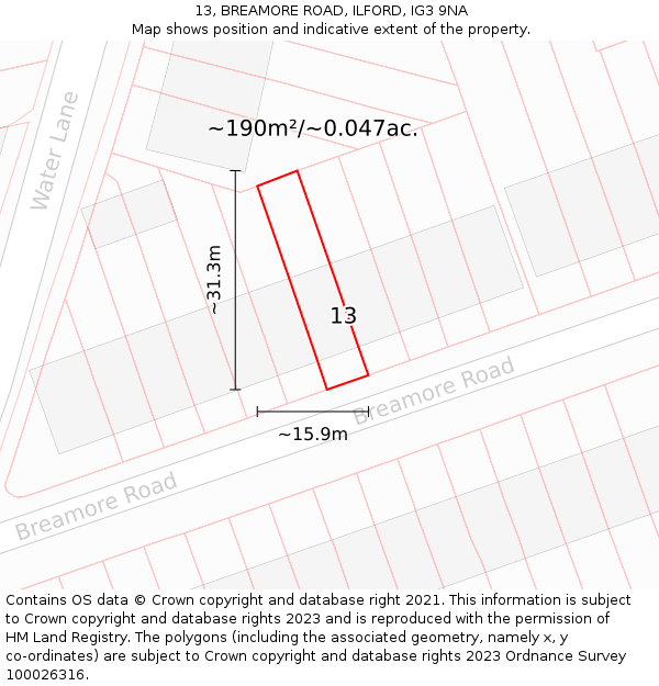 13, BREAMORE ROAD, ILFORD, IG3 9NA: Plot and title map
